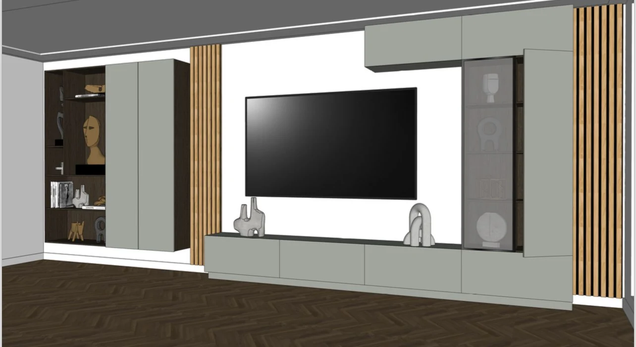 3D-ontwerp van de TV-wand met houten latten